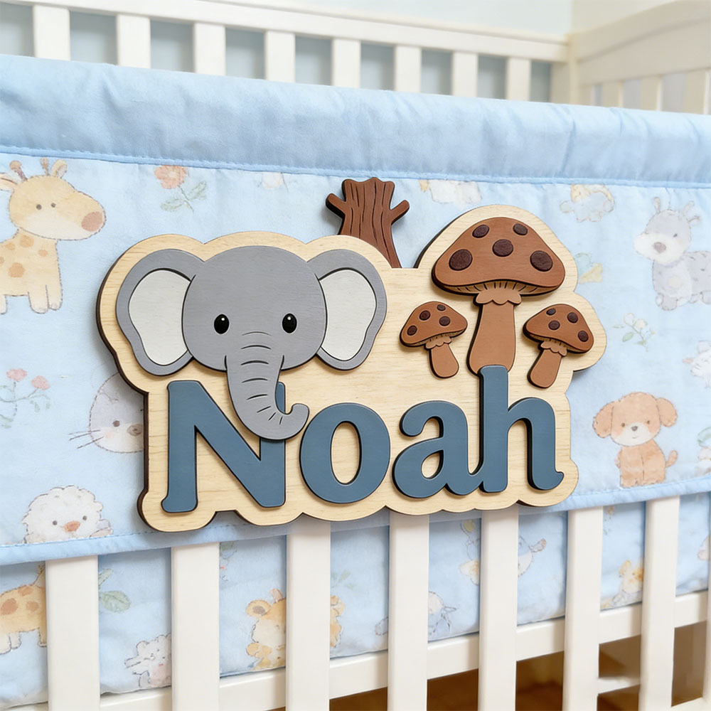 Baby Nursery Themes Boy - Placa de Nome Personalizável de Elefante