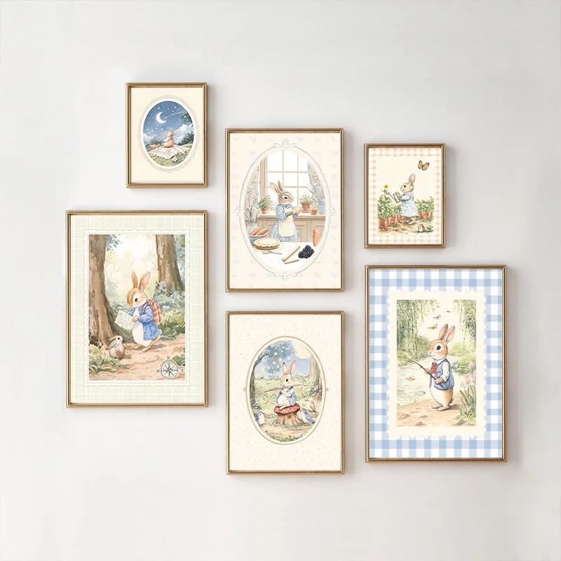 Baby Nursery Vintage Decor - Pôster Artístico Vintage Boho Azul Xadrez