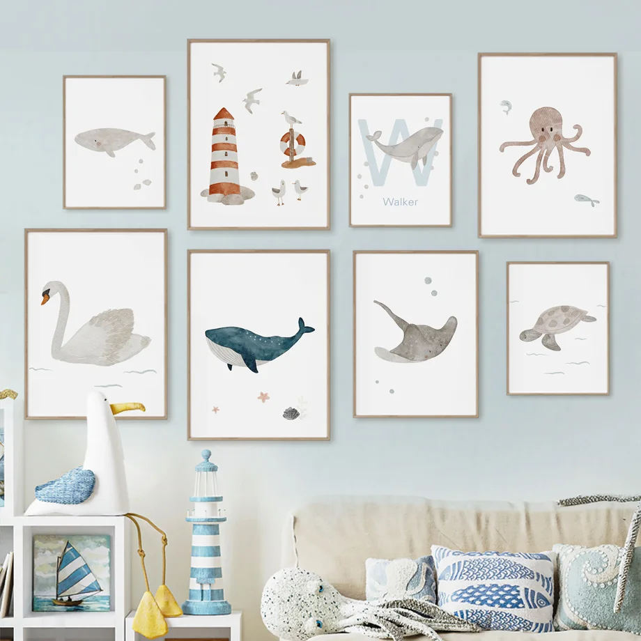 Baby Nursery Animal Prints - Arte de Parede de Animais Marinhos: