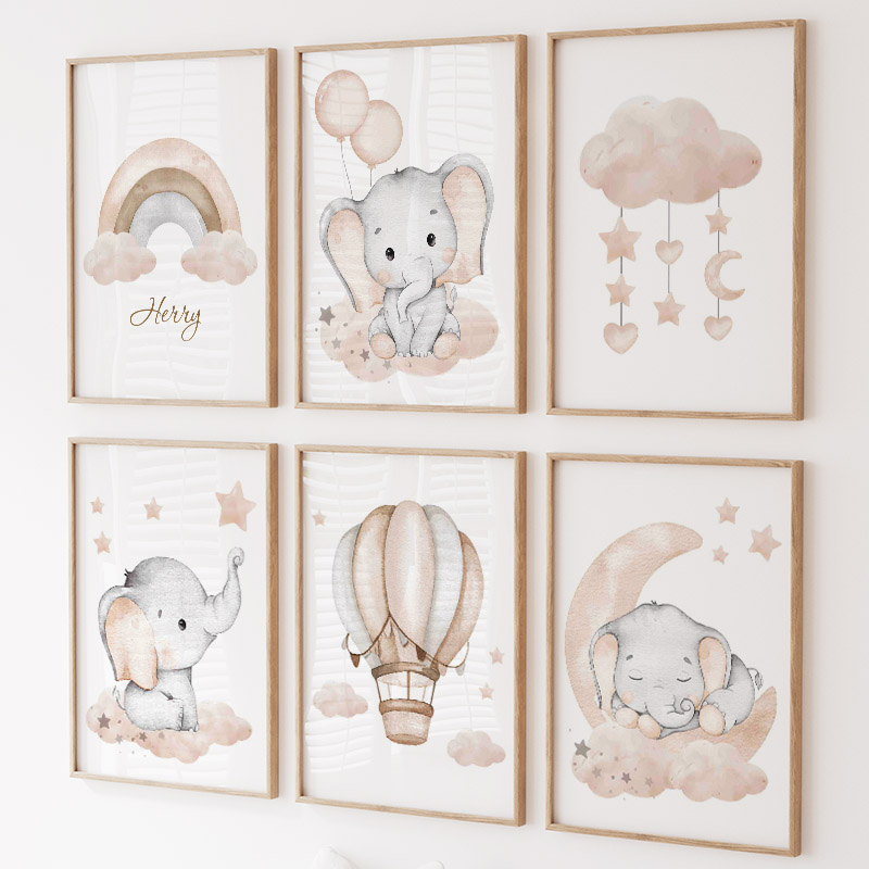 Baby Nursery Animal Prints - Elefante bonito balão quente lua arco-íris