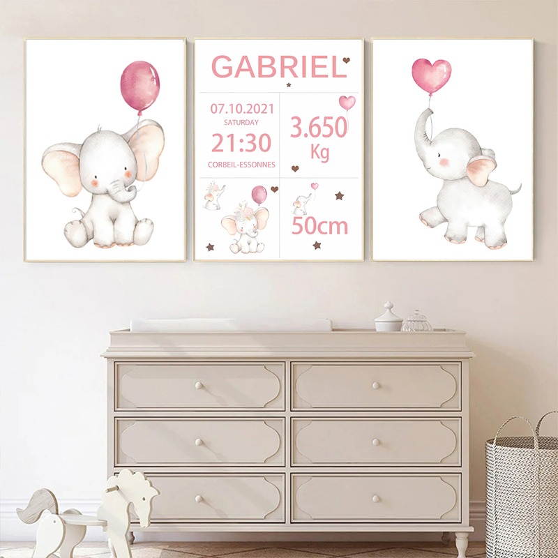Baby Nursery Elephant - Rosa bebê nome personalizado data de