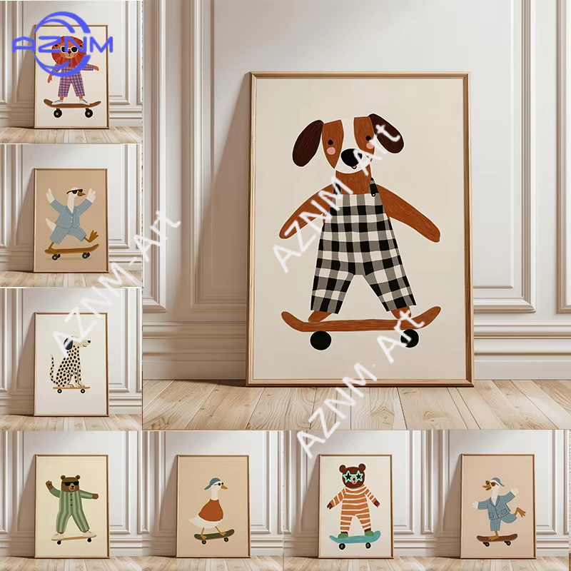 Baby Nursery Animal Prints - Pôster Engraçado de Animais Skateboarding, Pintura