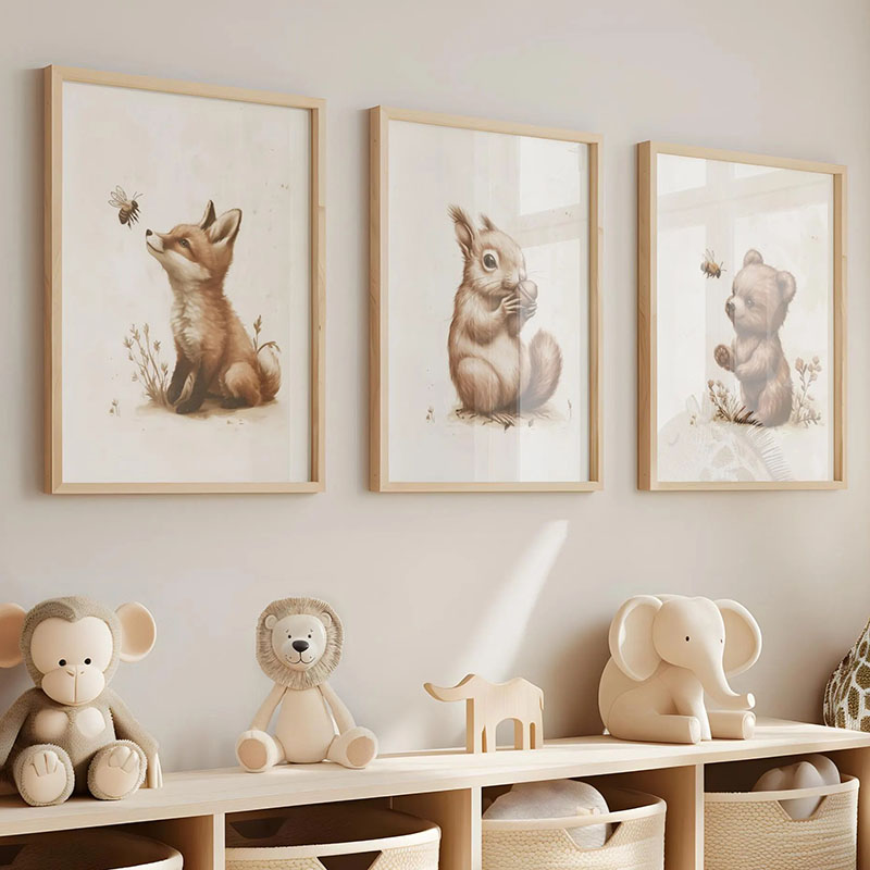 Baby Nursery Animal Prints - Pôster de Animais Urso Coelho Raposa