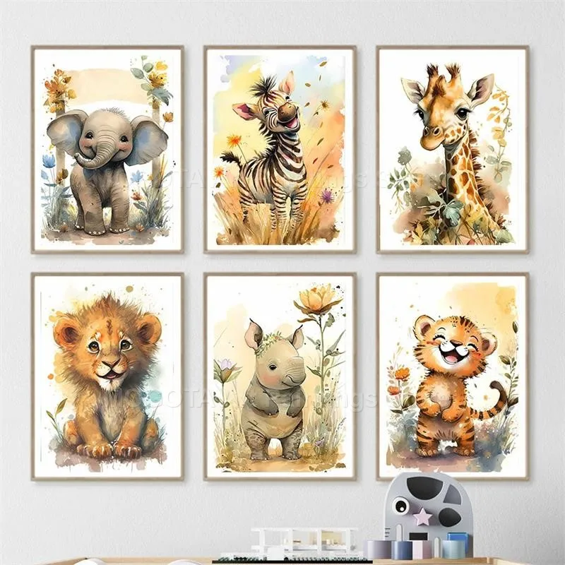 Aquarela leão girafa tigre ele - Baby Nursery Animal Prints avaliação e preço